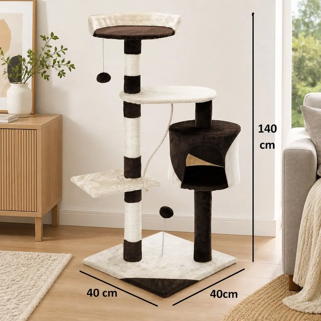 Cat Tree Plush Multi-Level 140cm Beige with Sisal Scratching Posts and Condo