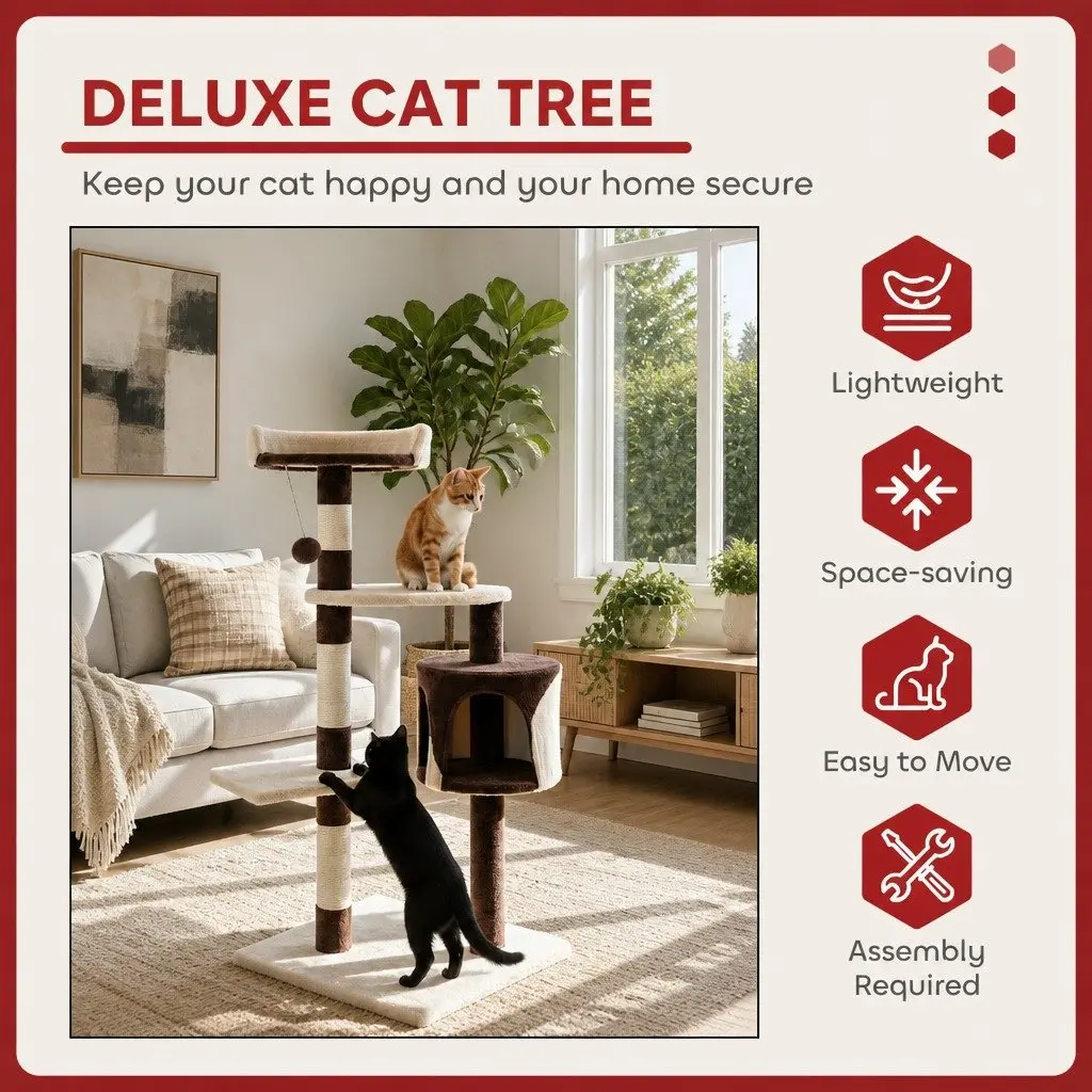 Cat Tree Plush Multi-Level 140cm Beige with Sisal Scratching Posts and Condo