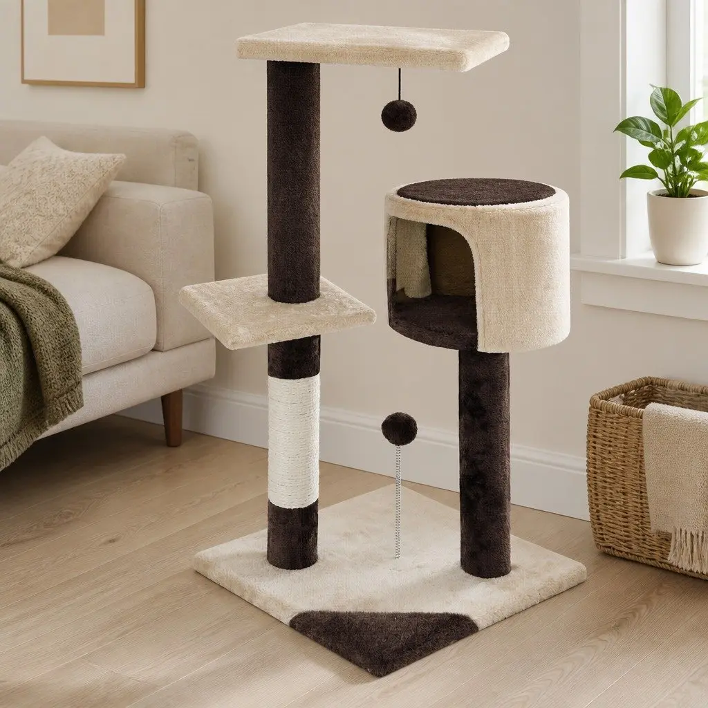 Cat Tree Plush Multi-Level 140cm Beige with Sisal Scratching Posts and Condo