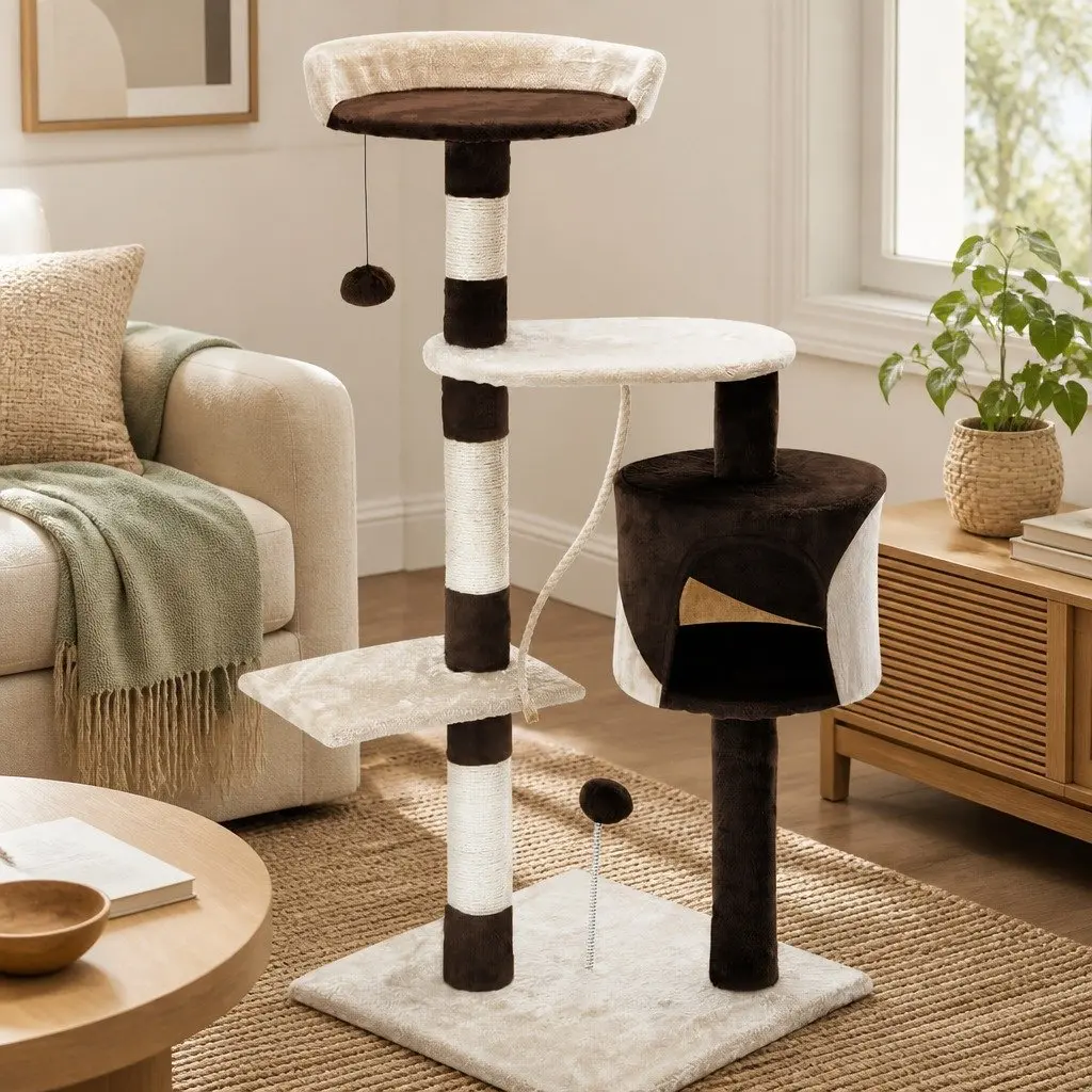 Cat Tree Plush Multi-Level 140cm Beige with Sisal Scratching Posts and Condo