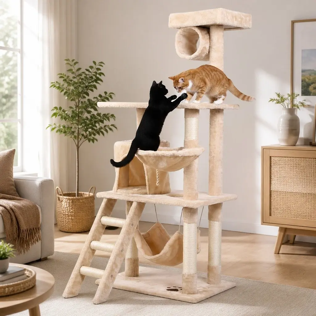 Cat Tree Tower Sisal 141cm Beige Multi-Level Indoor Climbing Perch Hammock Condo