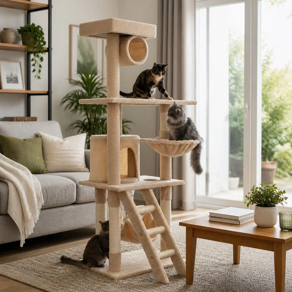 Cat Tree Tower Sisal 141cm Beige Multi-Level Indoor Climbing Perch Hammock Condo