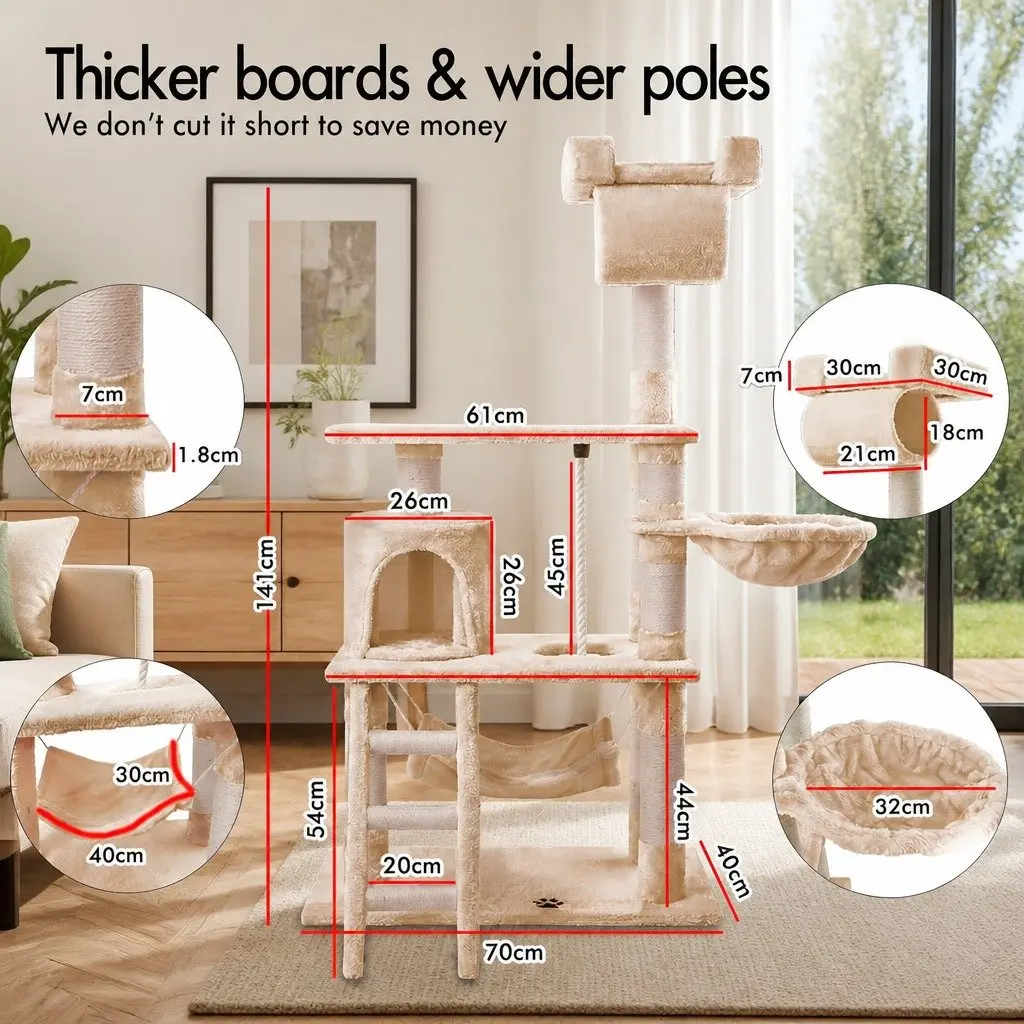 Cat Tree Tower Sisal 141cm Beige Multi-Level Indoor Climbing Perch Hammock Condo