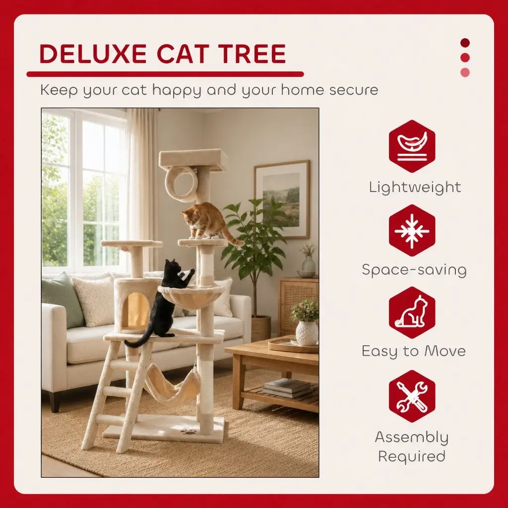 Cat Tree Tower Sisal 141cm Beige Multi-Level Indoor Climbing Perch Hammock Condo