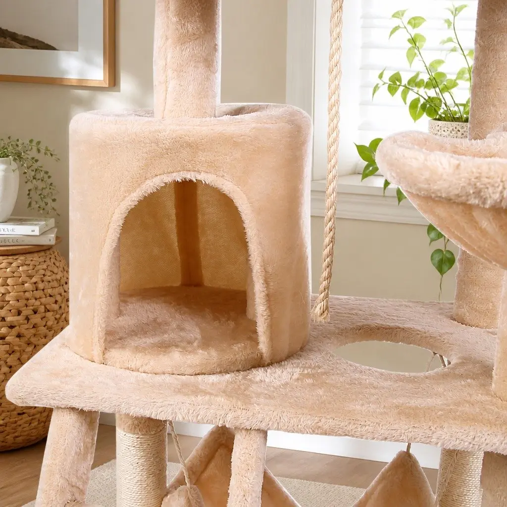 Cat Tree Tower Sisal 141cm Beige Multi-Level Indoor Climbing Perch Hammock Condo