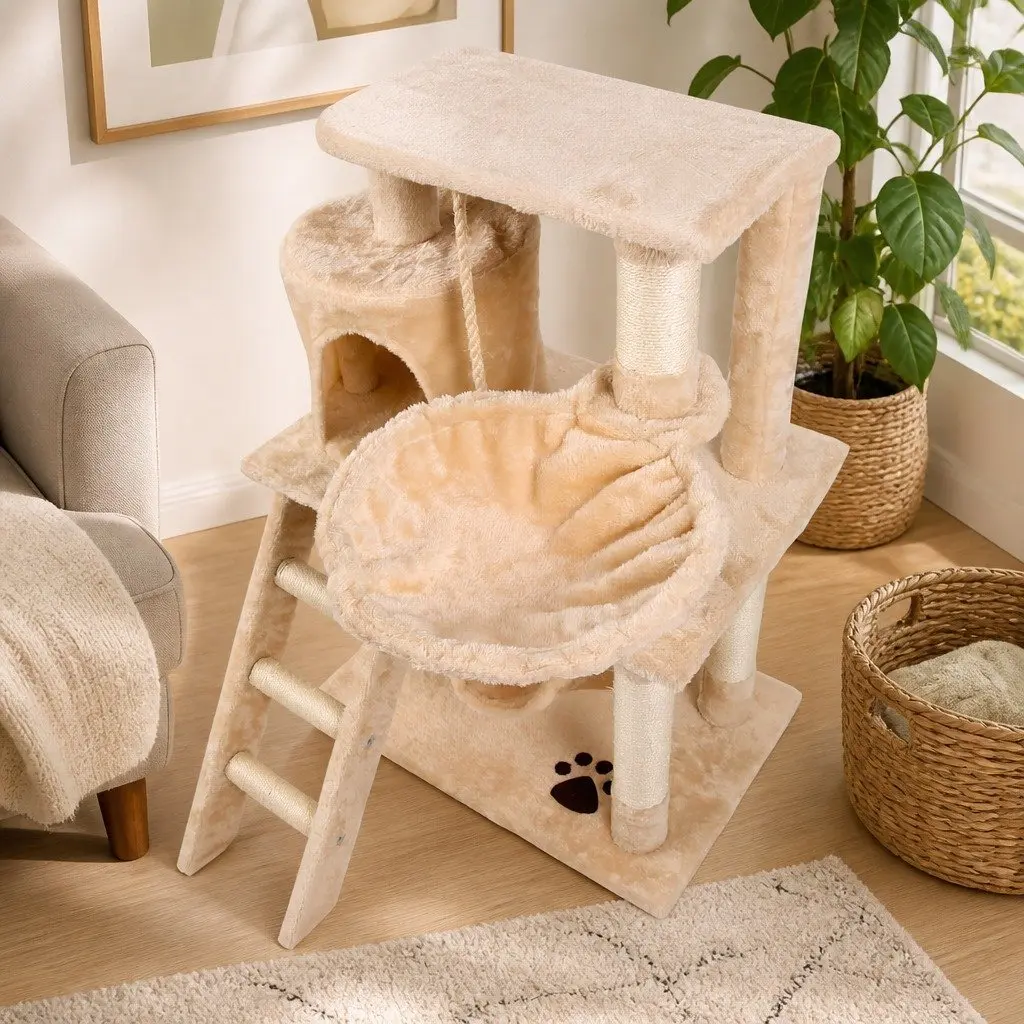 Cat Tree Tower Sisal 141cm Beige Multi-Level Indoor Climbing Perch Hammock Condo