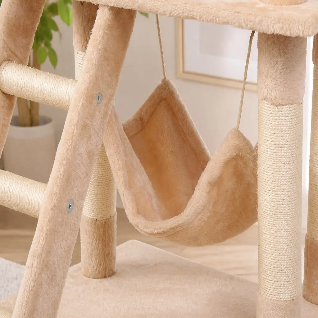 Cat Tree Tower Sisal 141cm Beige Multi-Level Indoor Climbing Perch Hammock Condo