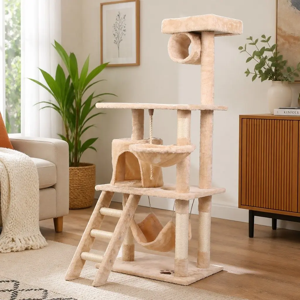 Cat Tree Tower Sisal 141cm Beige Multi-Level Indoor Climbing Perch Hammock Condo