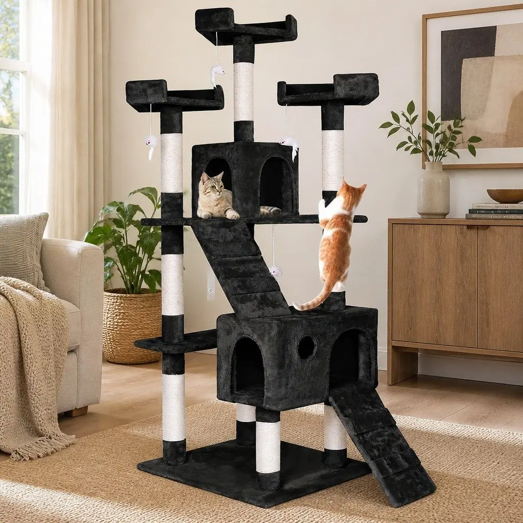Cat Tree Tower Engineered Wood 180cm Black Multi-Level Scratching Posts Condos