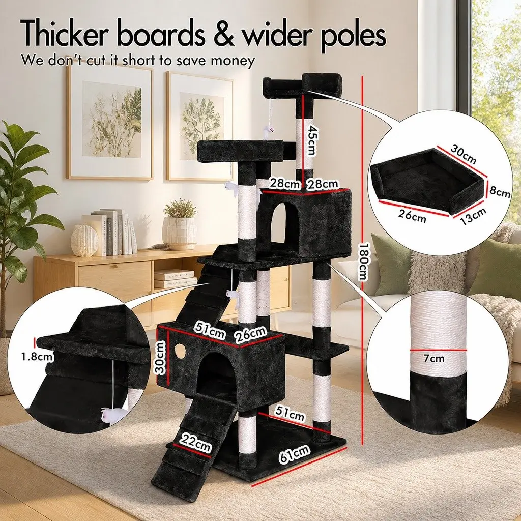 Cat Tree Tower Engineered Wood 180cm Black Multi-Level Scratching Posts Condos