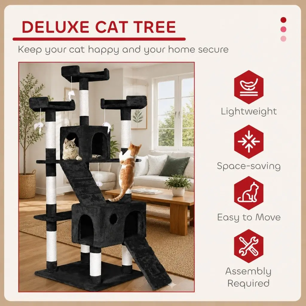Cat Tree Tower Engineered Wood 180cm Black Multi-Level Scratching Posts Condos