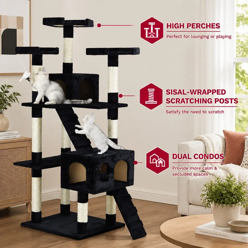 Cat Tree Tower Engineered Wood 180cm Black Multi-Level Scratching Posts Condos