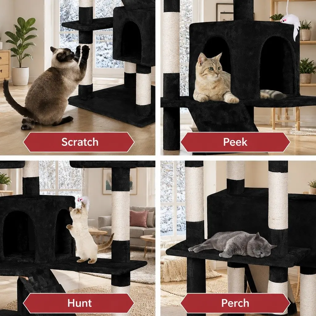 Cat Tree Tower Engineered Wood 180cm Black Multi-Level Scratching Posts Condos
