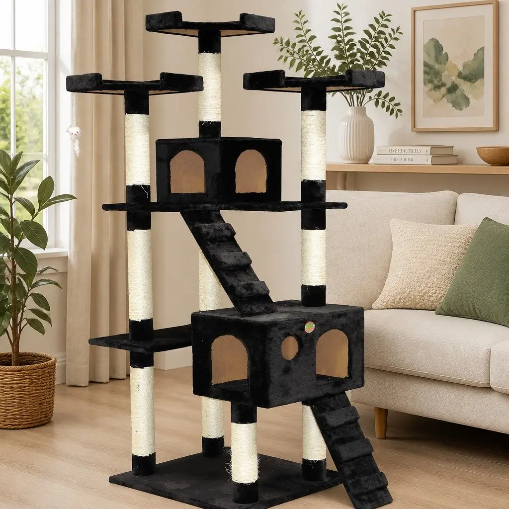Cat Tree Tower Engineered Wood 180cm Black Multi-Level Scratching Posts Condos
