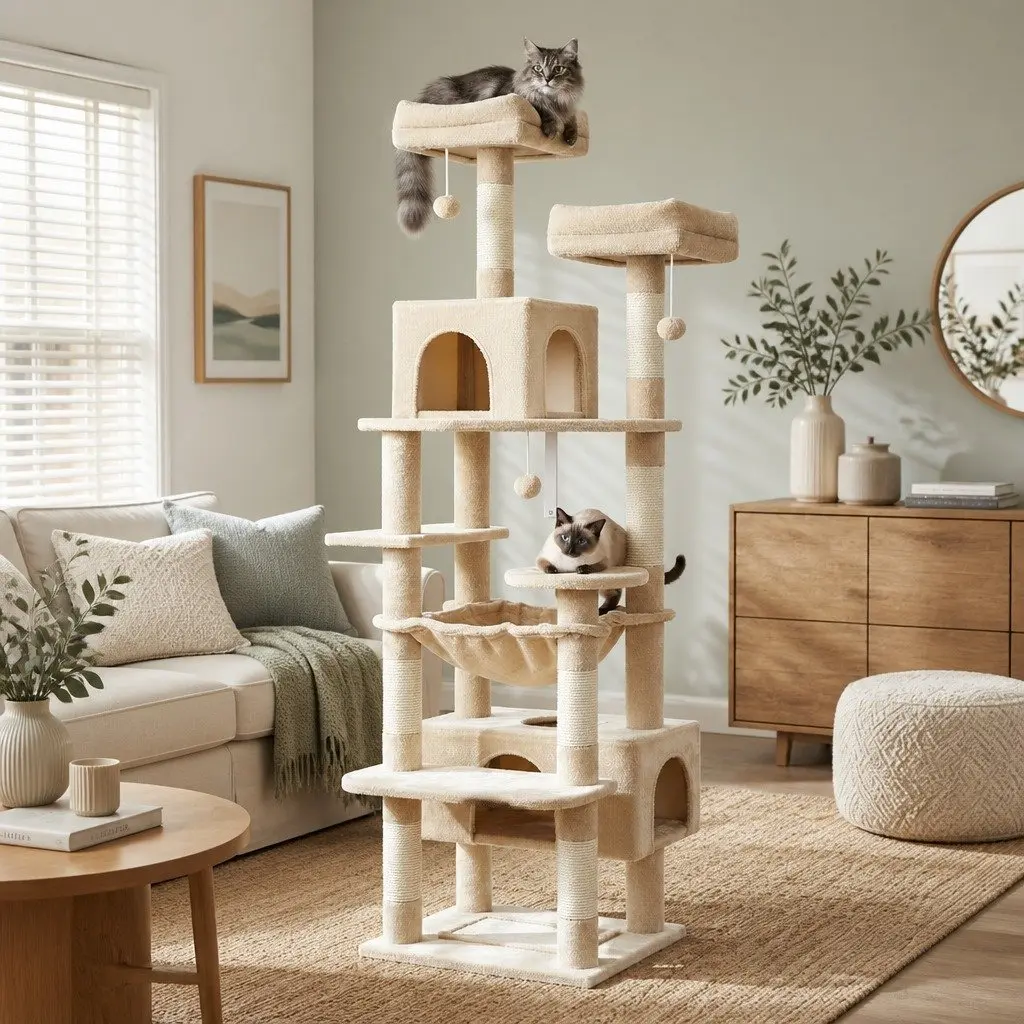 Cat Tree Tower Plush 180cm Beige Multi-Level Indoor Cats Dual Condos Sisal Scratching Posts