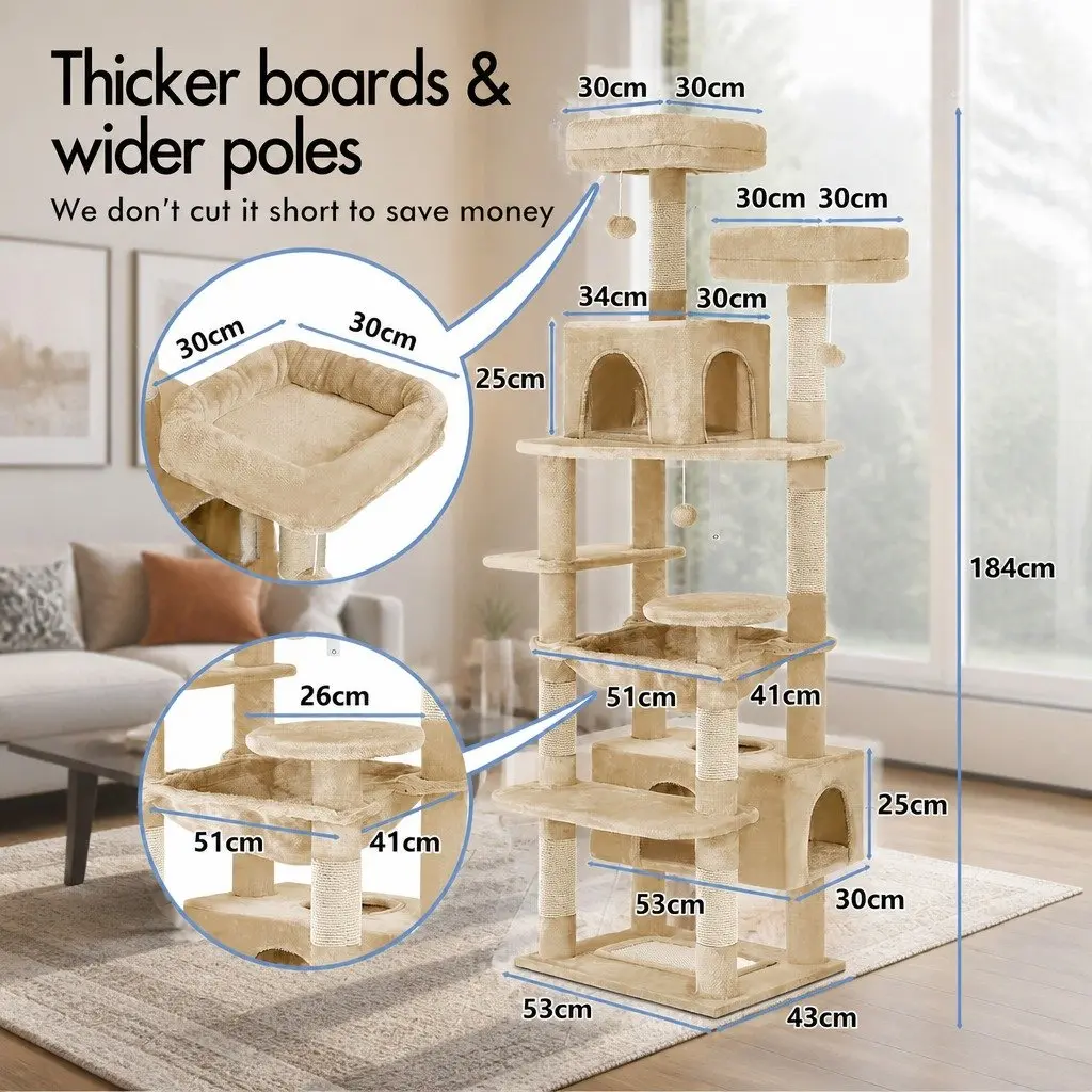 Cat Tree Tower Plush 180cm Beige Multi-Level Indoor Cats Dual Condos Sisal Scratching Posts