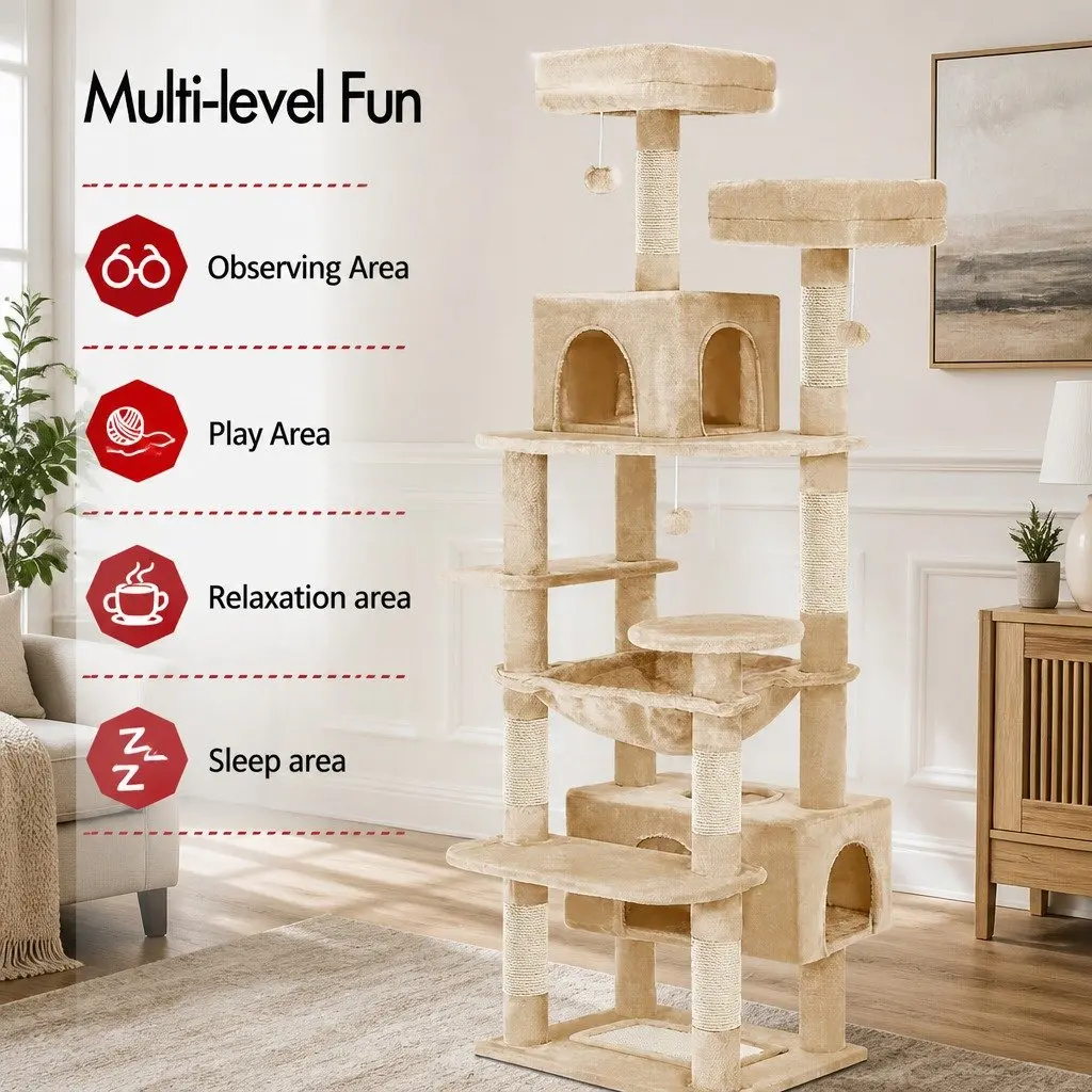 Cat Tree Tower Plush 180cm Beige Multi-Level Indoor Cats Dual Condos Sisal Scratching Posts