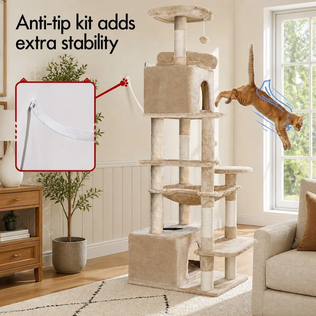 Cat Tree Tower Plush 180cm Beige Multi-Level Indoor Cats Dual Condos Sisal Scratching Posts