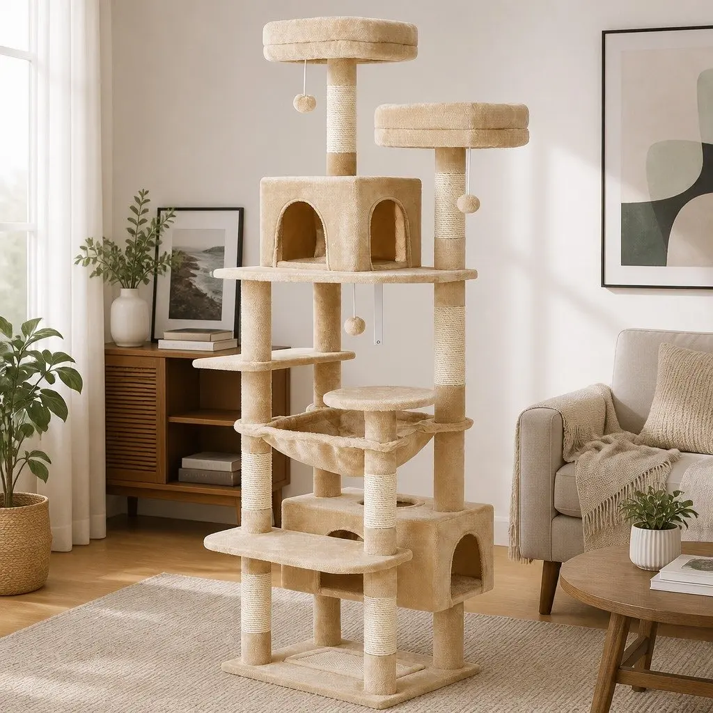 Cat Tree Tower Plush 180cm Beige Multi-Level Indoor Cats Dual Condos Sisal Scratching Posts
