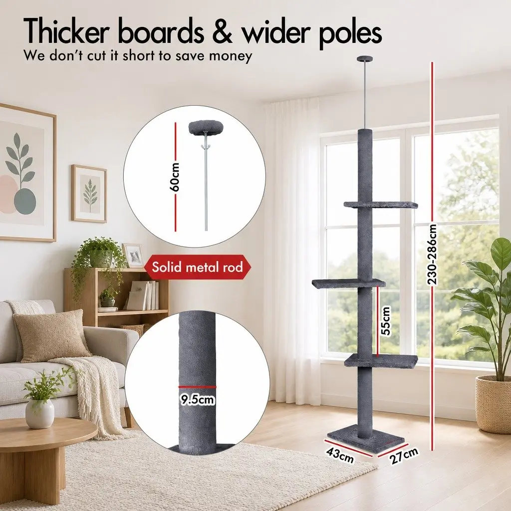 Cat Tree Tower Adjustable Height 230-286cm Indoor Grey
