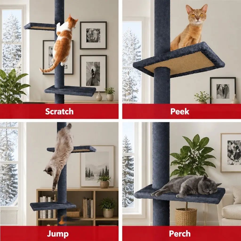 Cat Tree Tower Adjustable Height 230-286cm Indoor Grey