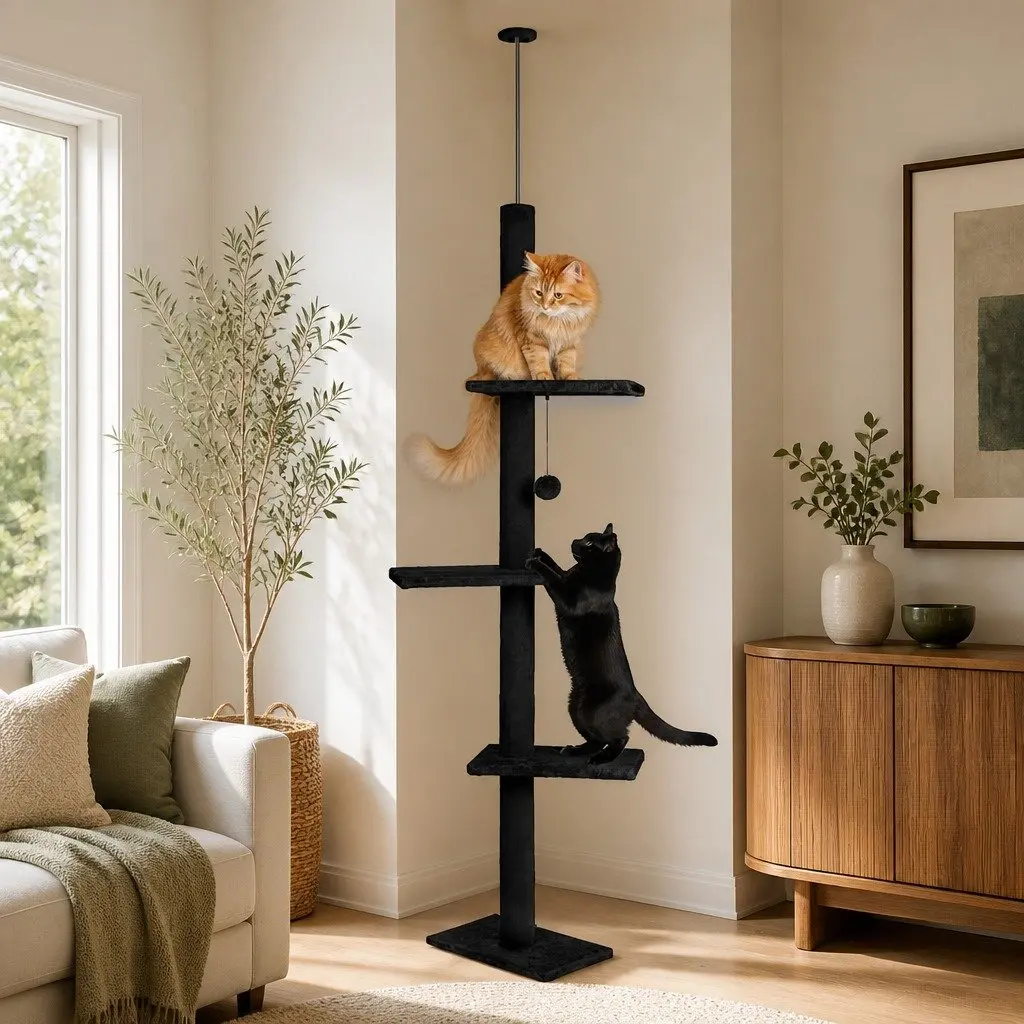 Cat Tree Tower Adjustable Height 230-286cm Black Indoor Cats 4 Platforms 5 Climbing Tiers