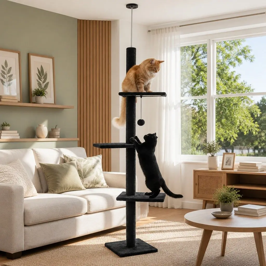 Cat Tree Tower Adjustable Height 230-286cm Black Indoor Cats 4 Platforms 5 Climbing Tiers