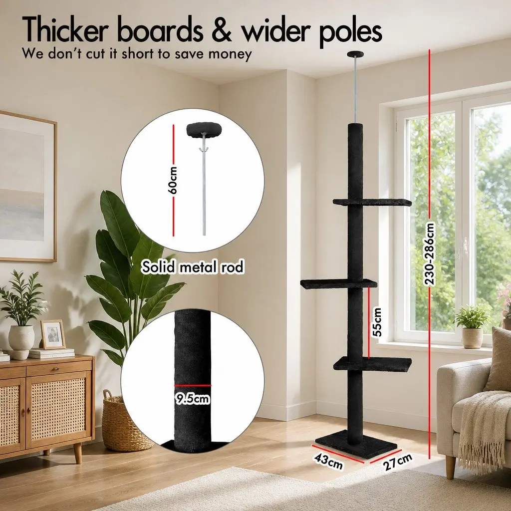 Cat Tree Tower Adjustable Height 230-286cm Black Indoor Cats 4 Platforms 5 Climbing Tiers