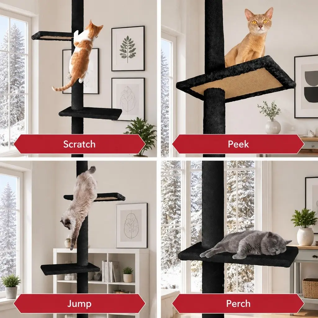 Cat Tree Tower Adjustable Height 230-286cm Black Indoor Cats 4 Platforms 5 Climbing Tiers