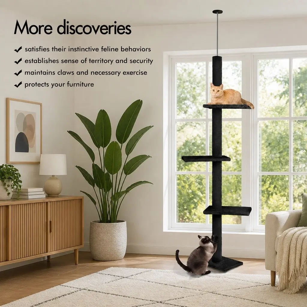 Cat Tree Tower Adjustable Height 230-286cm Black Indoor Cats 4 Platforms 5 Climbing Tiers