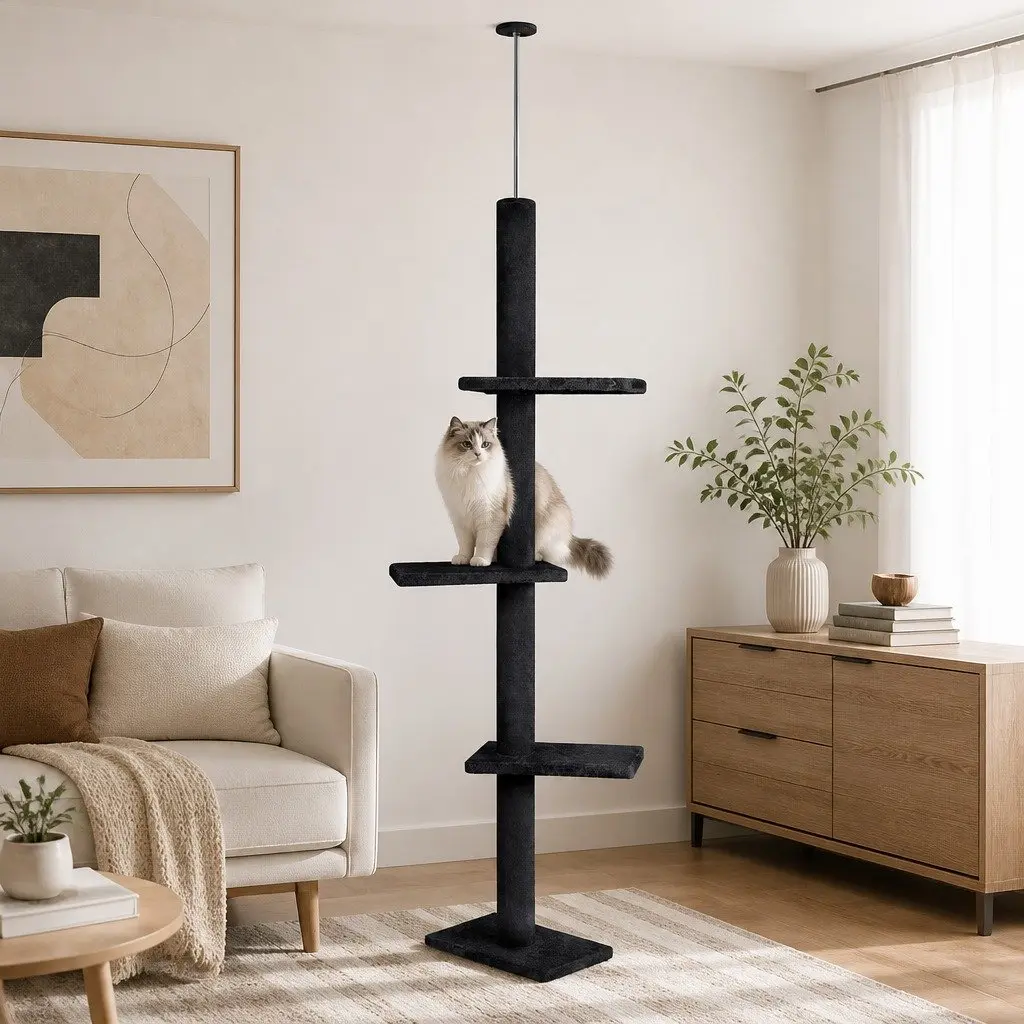 Cat Tree Tower Adjustable Height 230-286cm Black Indoor Cats 4 Platforms 5 Climbing Tiers