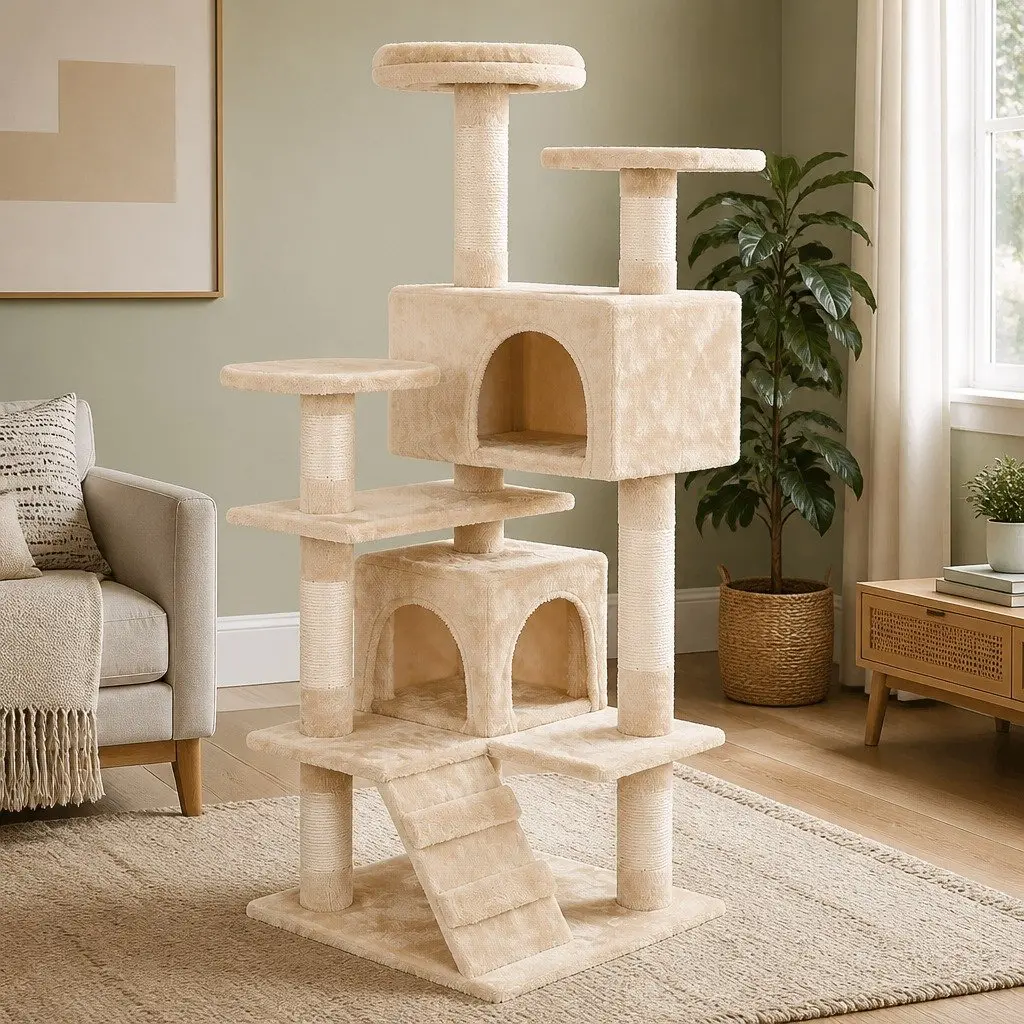 Cat Tree Tower 180cm Beige Multi-Level Climbing Structure with Plush Perches and Scratching Posts for Indoor Cats