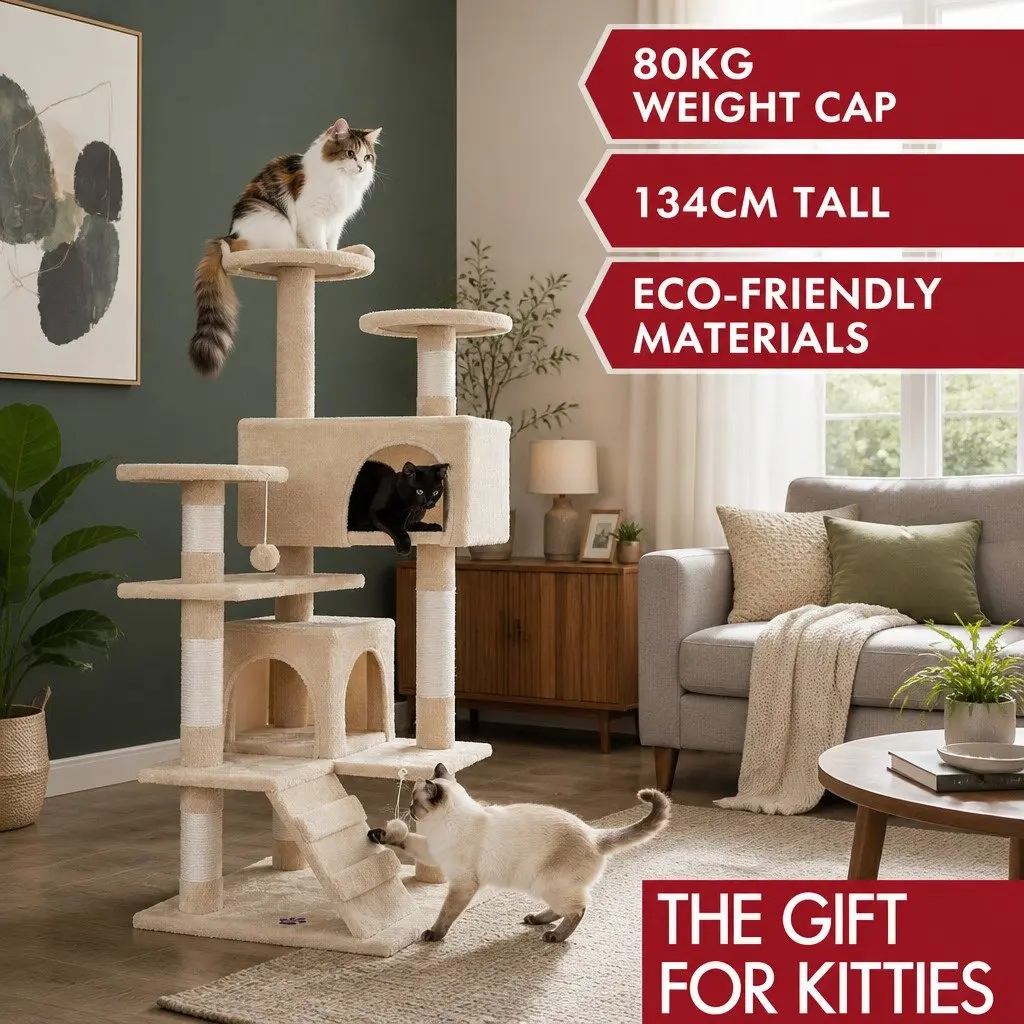 Cat Tree Tower 180cm Beige Multi-Level Climbing Structure with Plush Perches and Scratching Posts for Indoor Cats