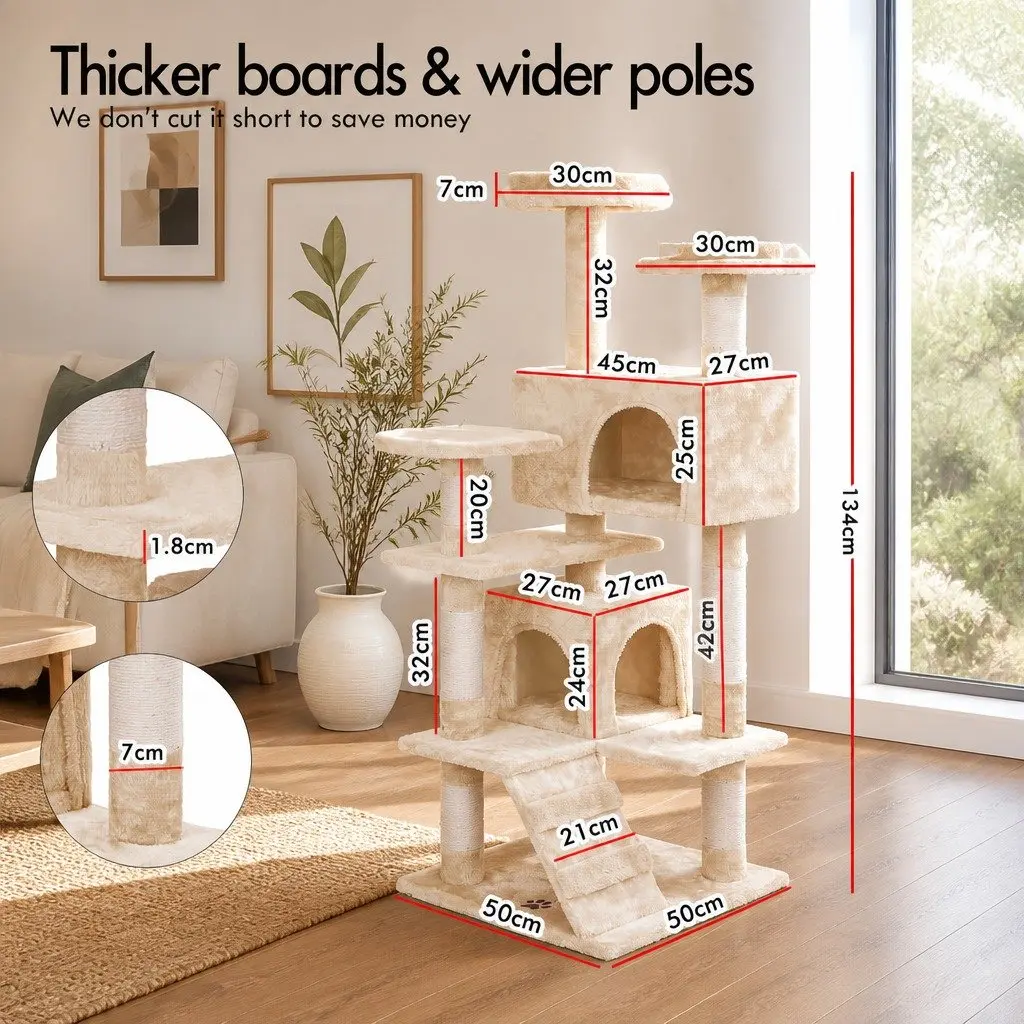 Cat Tree Tower 180cm Beige Multi-Level Climbing Structure with Plush Perches and Scratching Posts for Indoor Cats