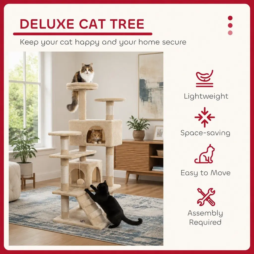 Cat Tree Tower 180cm Beige Multi-Level Climbing Structure with Plush Perches and Scratching Posts for Indoor Cats