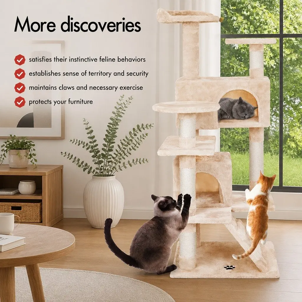 Cat Tree Tower 180cm Beige Multi-Level Climbing Structure with Plush Perches and Scratching Posts for Indoor Cats