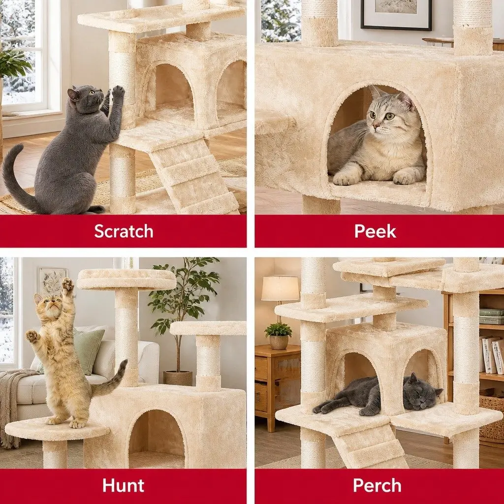 Cat Tree Tower 180cm Beige Multi-Level Climbing Structure with Plush Perches and Scratching Posts for Indoor Cats
