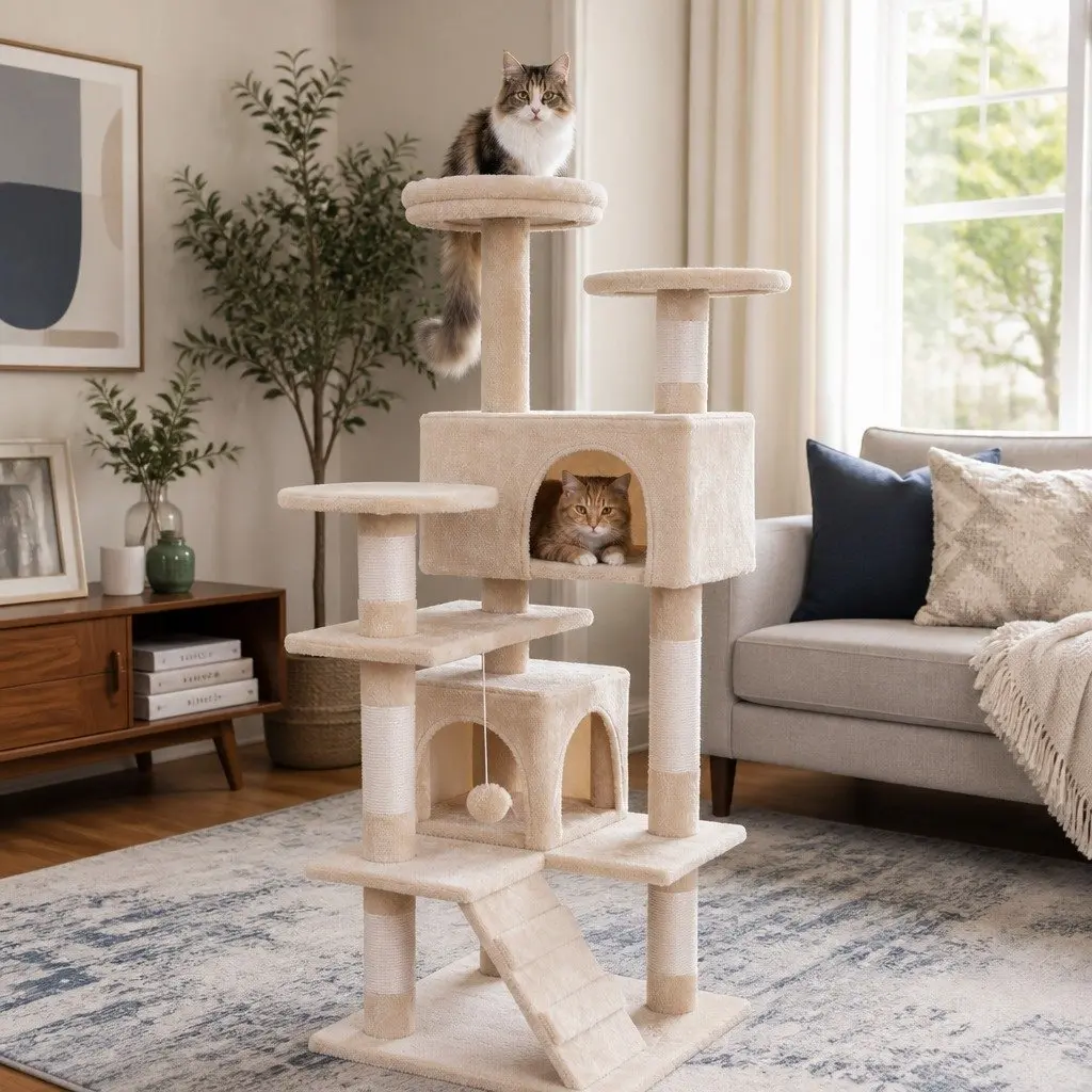 Cat Tree Tower 180cm Beige Multi-Level Climbing Structure with Plush Perches and Scratching Posts for Indoor Cats