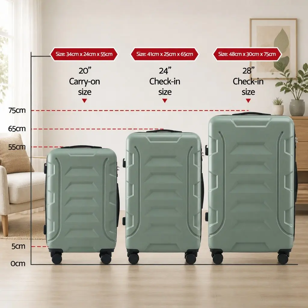 3 Piece Hard Shell Luggage Set Grey Green Lightweight Trolley Suitcases with TSA Lock