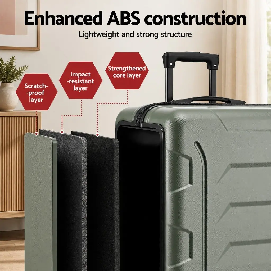 3 Piece Hard Shell Luggage Set Grey Green Lightweight Trolley Suitcases with TSA Lock