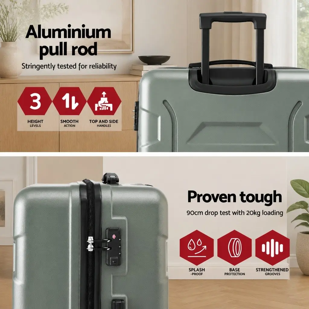 3 Piece Hard Shell Luggage Set Grey Green Lightweight Trolley Suitcases with TSA Lock