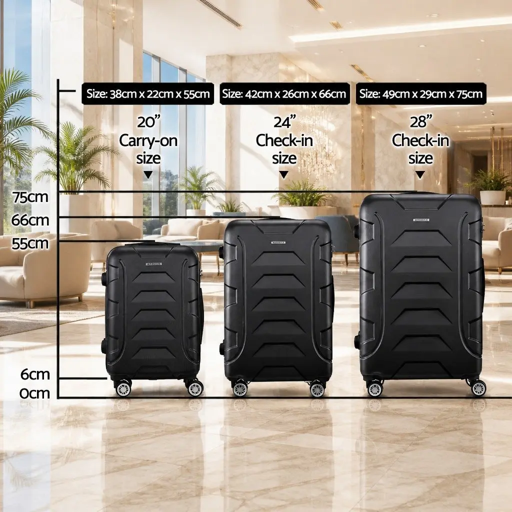 3 Piece Luggage Set Hard Shell 20 Inch 24 Inch 28 Inch Black