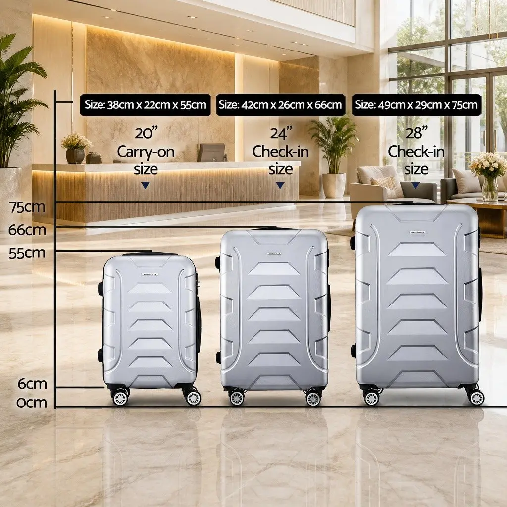 3 Piece Hard Shell Luggage Set 20 24 28 Inch Silver