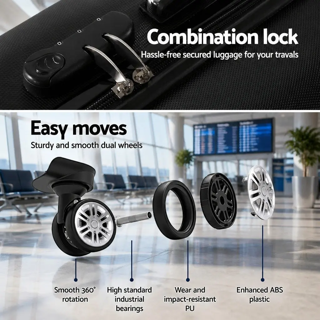 Hard Shell Suitcase 20 Inch Carry On ABS Black with Code Lock and Wheels