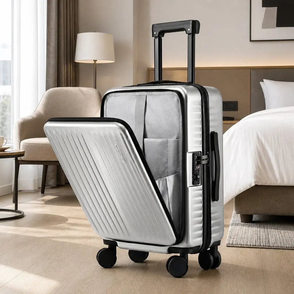 20" Carry On Suitcase Front Pocket Luggage Dual TSA Lock Silver Travel Case