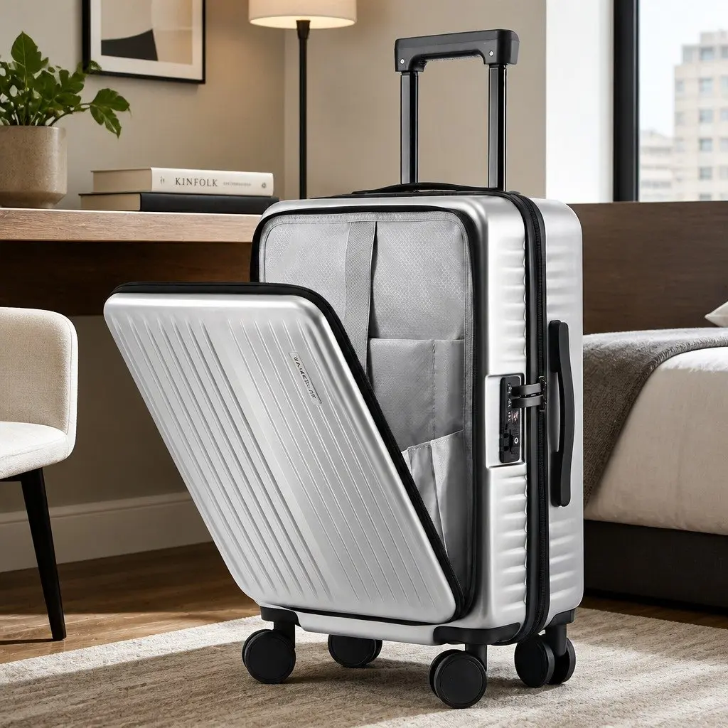 20" Carry On Suitcase ABS Front Pocket Luggage Silver