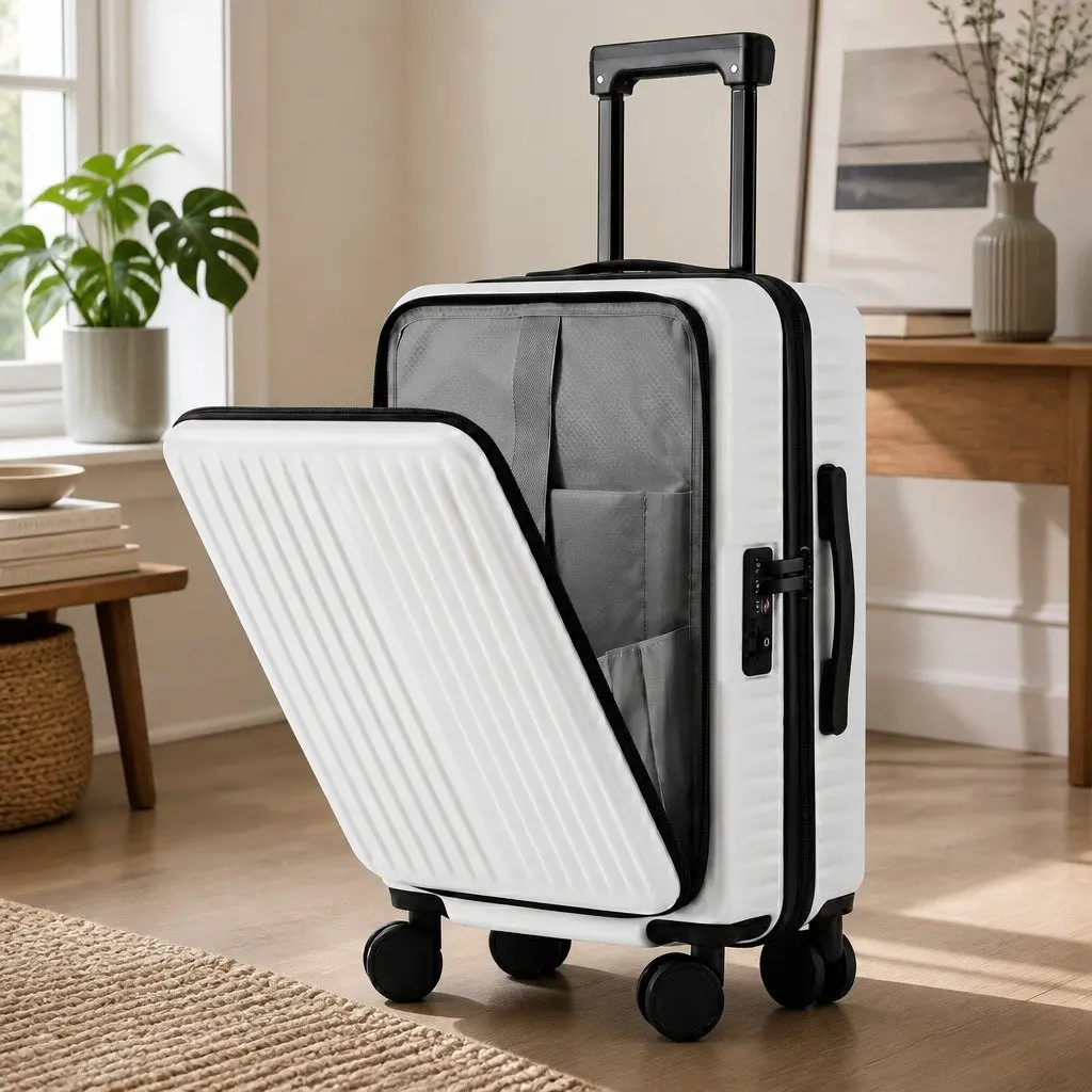 20 Inch Carry On Luggage Suitcase ABS Front Pocket Travel Case White