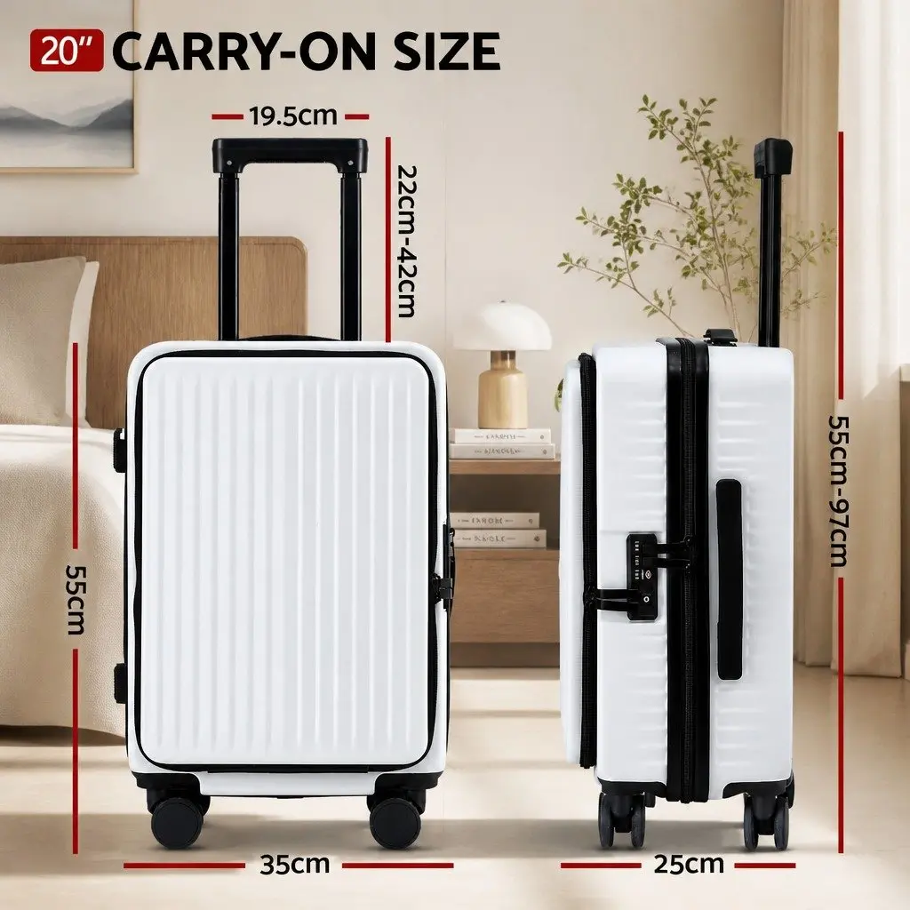 20 Inch Carry On Luggage Suitcase ABS Front Pocket Travel Case White