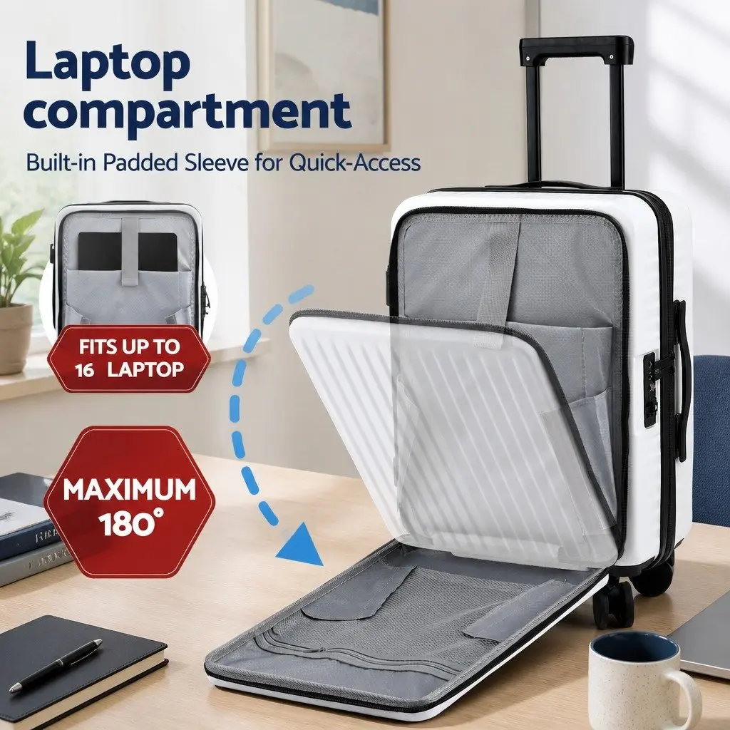 20 Inch Carry On Luggage Suitcase ABS Front Pocket Travel Case White