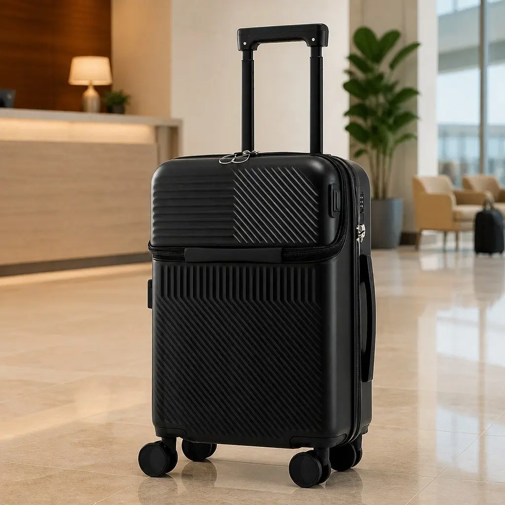 20" Carry On Luggage Suitcase Front Pocket TSA Lock Black Travel Case Spinner